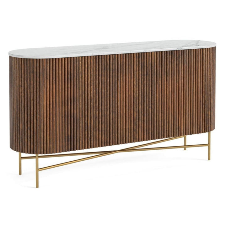 Piano Walnut Fluted Wood and Marble Top Large Curved Sideboard with 2 Doors, Made of Mango Wood Ribbed Base and White Marble Top - The Furniture Mega Store