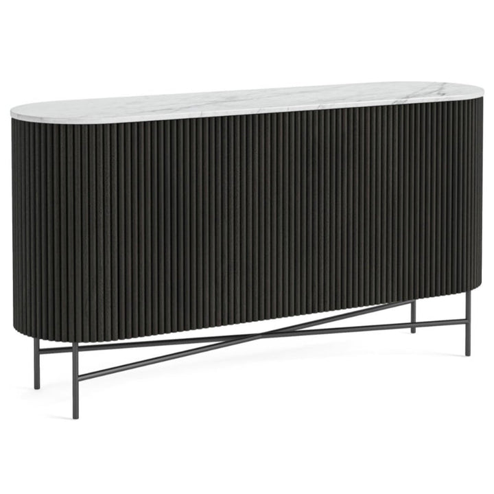 Piano Black Fluted Wood and Marble Top Large Curved Sideboard with 2 Doors, Made of Mango Wood Ribbed Base and White Marble Top - The Furniture Mega Store