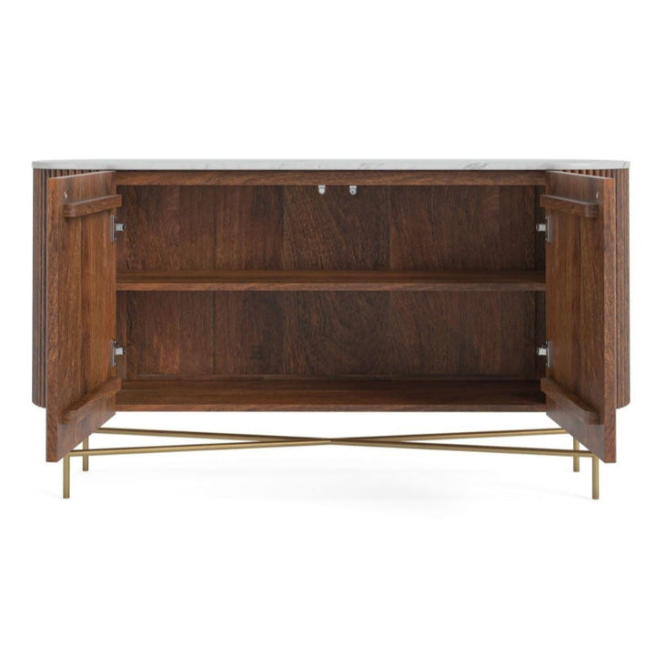 Piano Walnut Fluted Wood and Marble Top Large Curved Sideboard with 2 Doors, Made of Mango Wood Ribbed Base and White Marble Top - The Furniture Mega Store