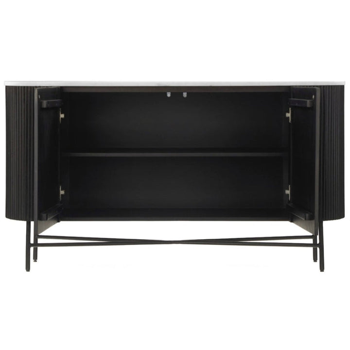 Piano Black Fluted Wood and Marble Top Large Curved Sideboard with 2 Doors, Made of Mango Wood Ribbed Base and White Marble Top - The Furniture Mega Store