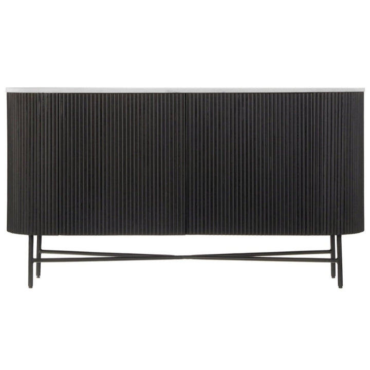 Piano Black Fluted Wood and Marble Top Large Curved Sideboard with 2 Doors, Made of Mango Wood Ribbed Base and White Marble Top - The Furniture Mega Store