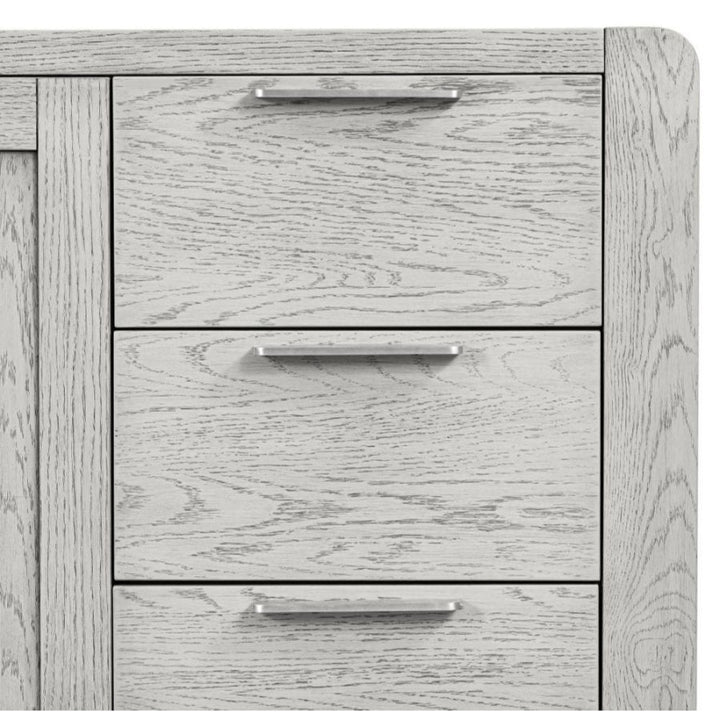 Flora Grey Washed Oak Sideboard, 140cm W with 2 Doors and 3 Drawers - The Furniture Mega Store