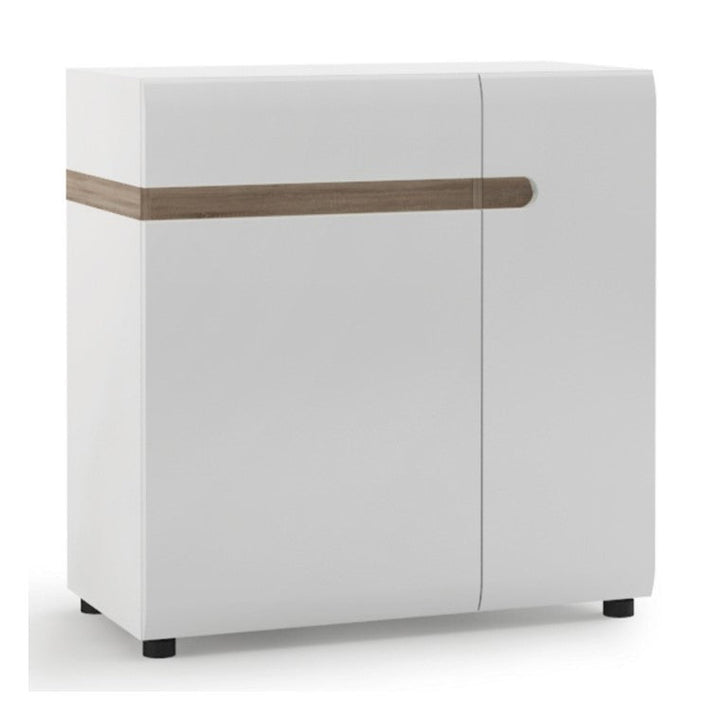 Chelsea White High Gloss & Truffle Oak Trim 1 Drawer 2 Door Compact Sideboard - The Furniture Mega Store
