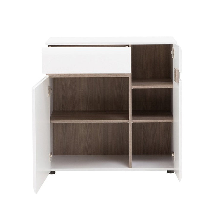 Chelsea White High Gloss & Truffle Oak Trim 1 Drawer 2 Door Compact Sideboard - The Furniture Mega Store