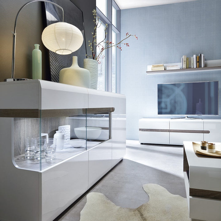 Chelsea White High Gloss & Truffle Oak Trim 3 Door Glazed Sideboard - Optional Lighting - The Furniture Mega Store