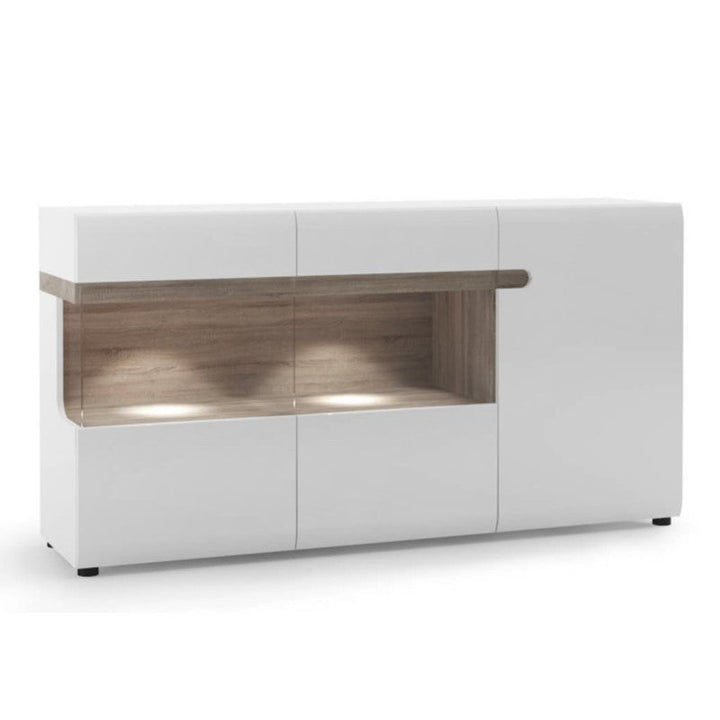 Chelsea White High Gloss & Truffle Oak Trim 3 Door Glazed Sideboard - Optional Lighting - The Furniture Mega Store