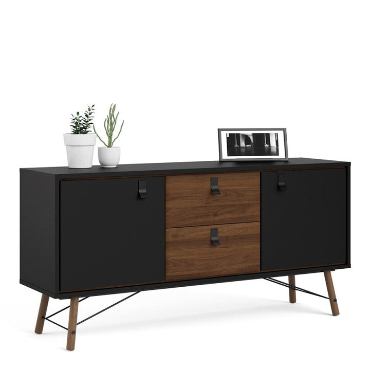 Rena 2 Door 2 Drawer Wide Sideboard - Matt Black & Walnut - The Furniture Mega Store
