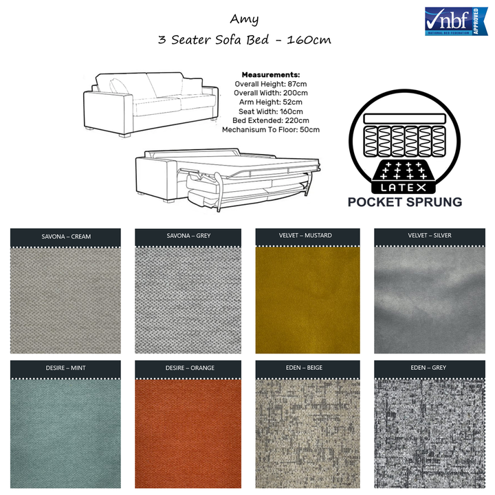 Amy Sofa Bed - Choice Of Sizes, Mattress & Fabrics - Interior Envy