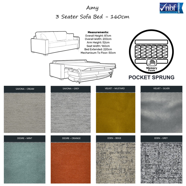 Amy Sofa Bed - Choice Of Sizes, Mattress & Fabrics - Interior Envy
