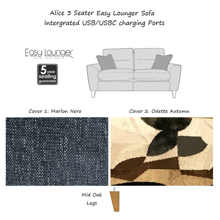 Alice Easy Lounger Power Recliner Sofa Collection - Intergrated USB/USB-C Charging Ports