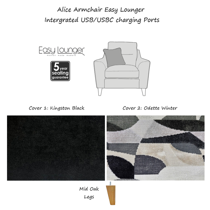 Alice Easy Lounger Power Recliner Armchair & Love Chair Collection - Intergrated USB/USB-C charging ports