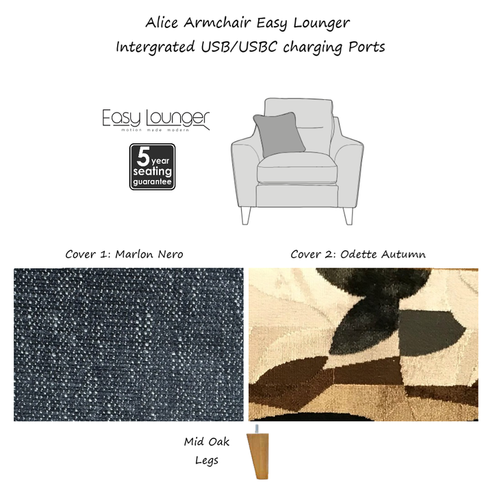 Alice Easy Lounger Power Recliner Armchair & Love Chair Collection - Intergrated USB/USB-C charging ports