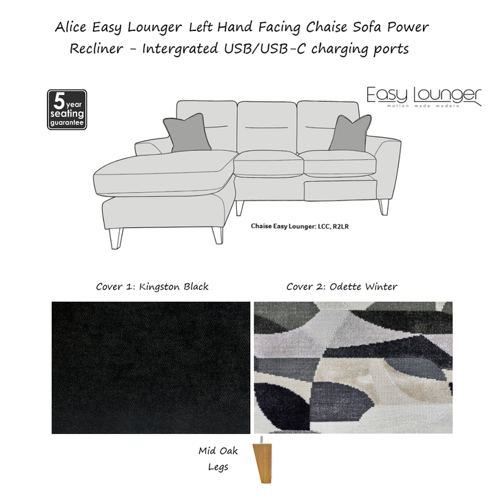 Alice Easy Lounger Chaise Sofa Power Recliner - Intergrated USB/USB-C charging ports