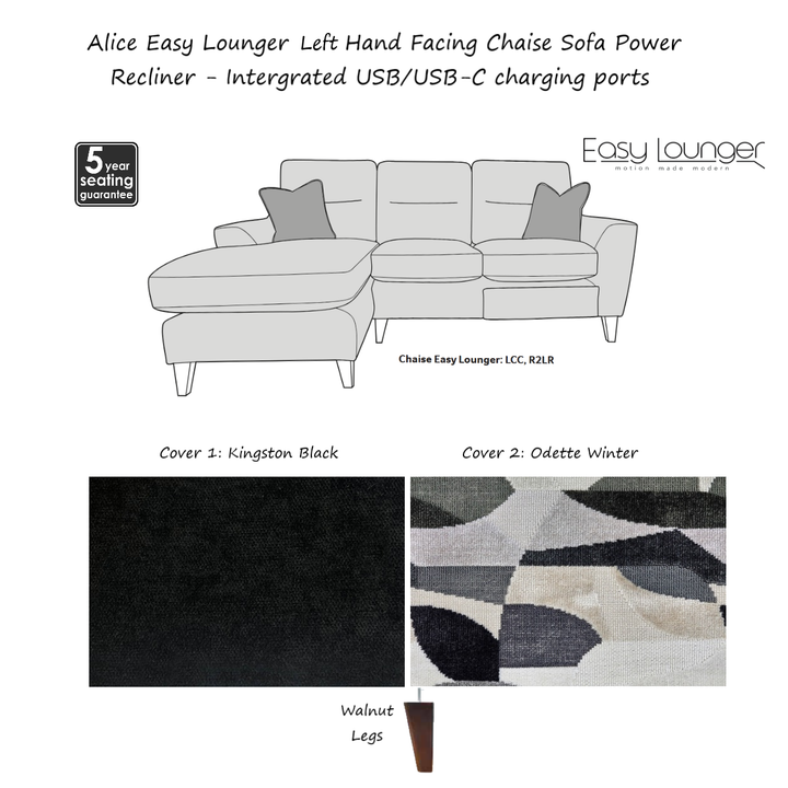Alice Easy Lounger Chaise Sofa Power Recliner - Intergrated USB/USB-C charging ports