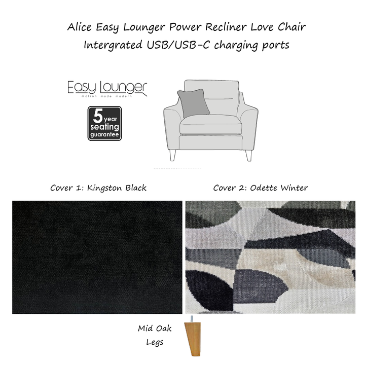 Alice Easy Lounger Power Recliner Armchair & Love Chair Collection - Intergrated USB/USB-C charging ports