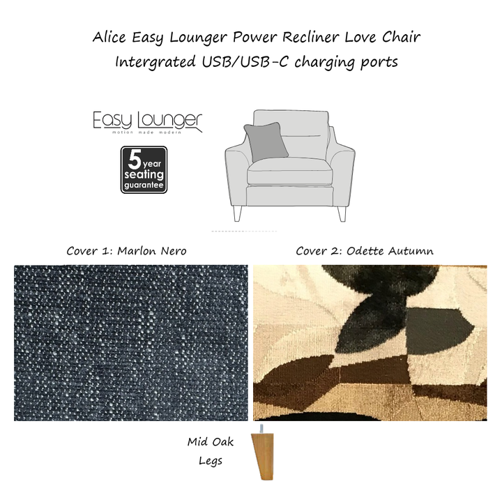 Alice Easy Lounger Power Recliner Armchair & Love Chair Collection - Intergrated USB/USB-C charging ports
