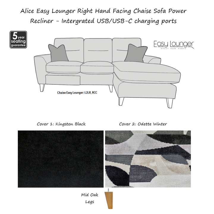 Alice Easy Lounger Chaise Sofa Power Recliner - Intergrated USB/USB-C charging ports