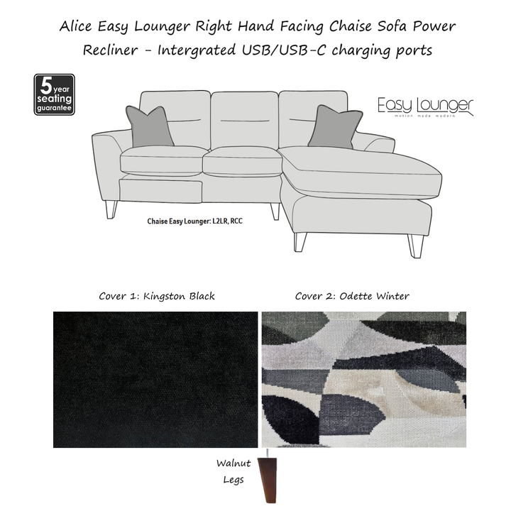 Alice Easy Lounger Chaise Sofa Power Recliner - Intergrated USB/USB-C charging ports