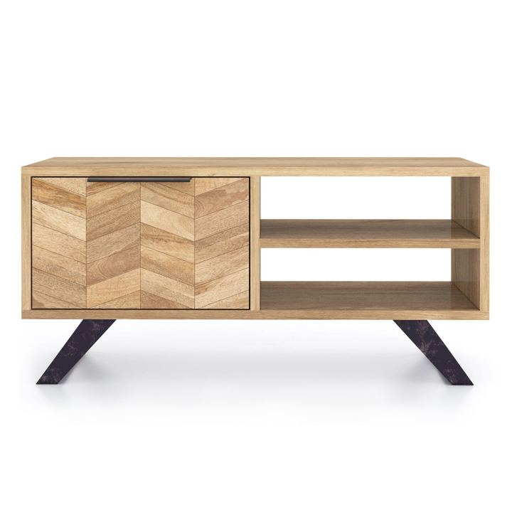 Agra Chevron Parquet Mango Wood Small TV Unit - 95cm - Interior Envy