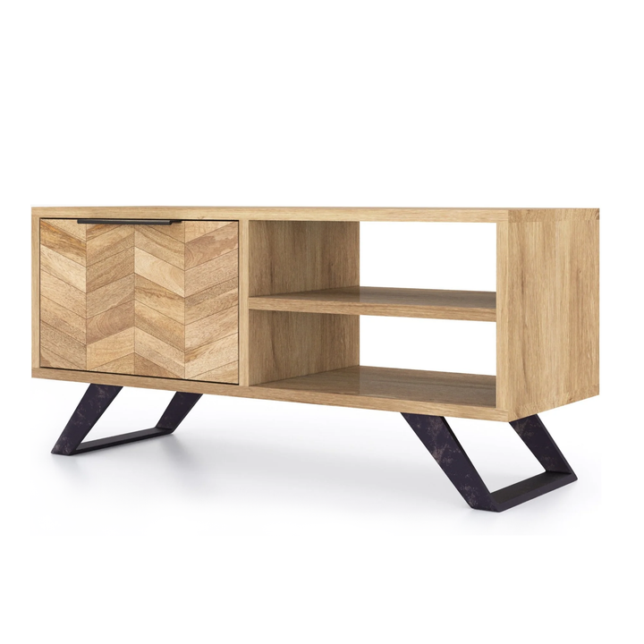 Agra Chevron Parquet Mango Wood Small TV Unit - 95cm - Interior Envy