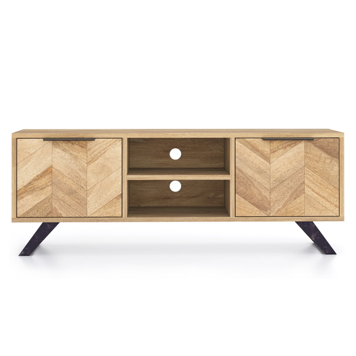 Agra Chevron Parquet Mango Wood Large TV Unit - 135cm - Interior Envy