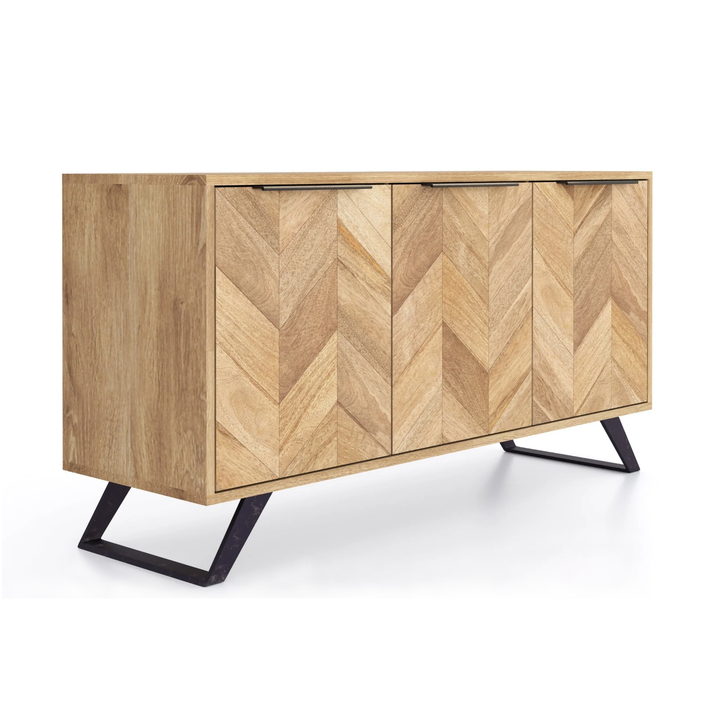 Agra Chevron Parquet Mango Wood Large 3 Door Sideboard - 145cm - Interior Envy