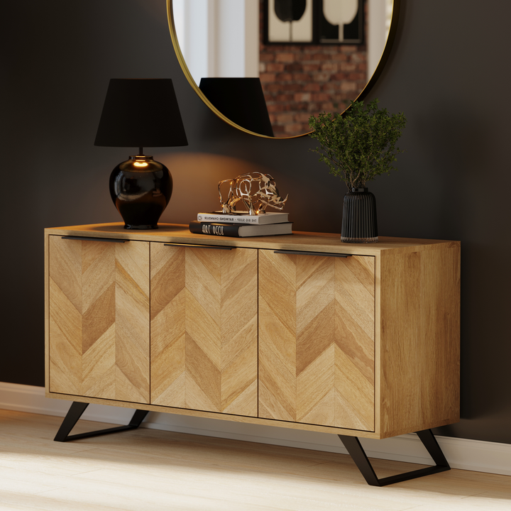 Agra Chevron Parquet Mango Wood Large 3 Door Sideboard - 145cm - Interior Envy