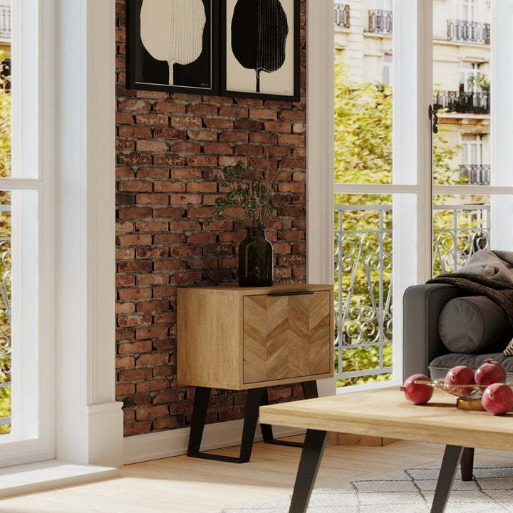 Agra Chevron Parquet Mango Wood 1 Drawer Side Table - Interior Envy