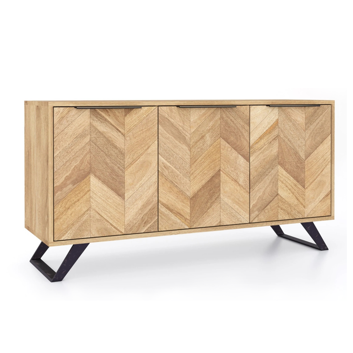 Agra Chevron Parquet Mango Wood Large 3 Door Sideboard - 145cm - Interior Envy