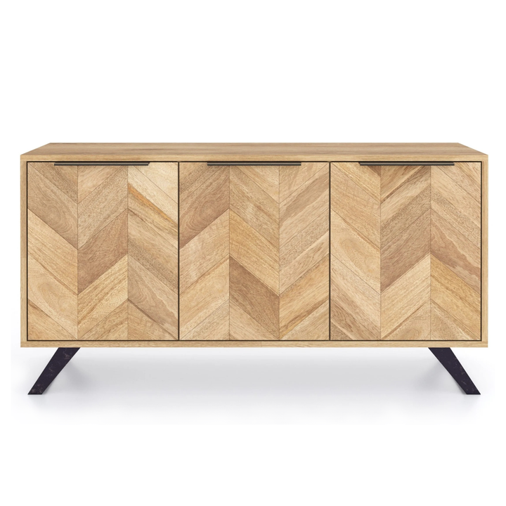 Agra Chevron Parquet Mango Wood Large 3 Door Sideboard - 145cm - Interior Envy