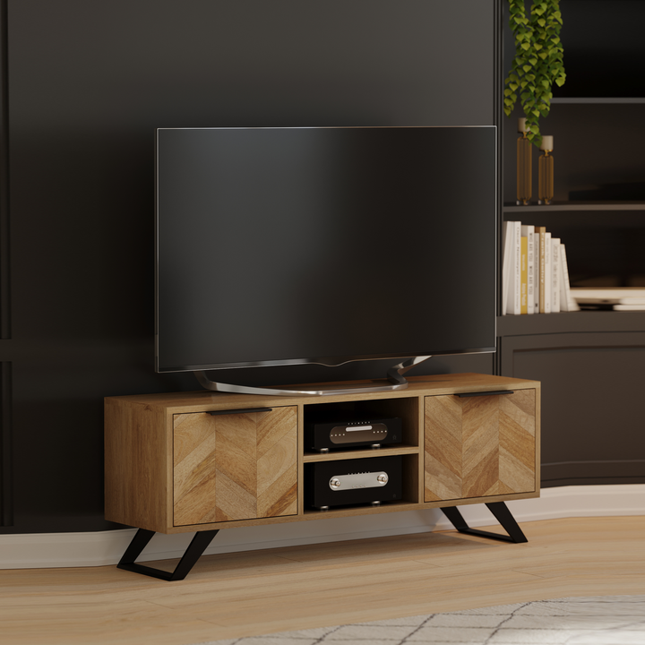 Agra Chevron Parquet Mango Wood Large TV Unit - 135cm - Interior Envy