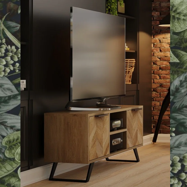 Agra Chevron Parquet Mango Wood Large TV Unit - 135cm - Interior Envy