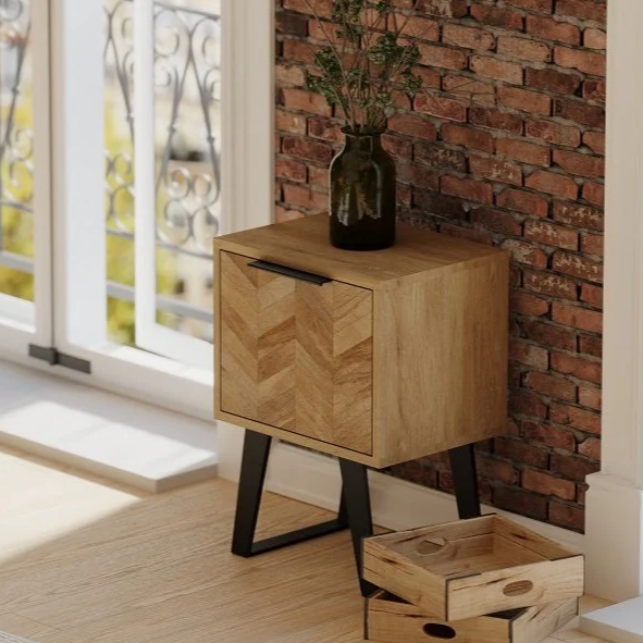 Agra Chevron Parquet Mango Wood 1 Drawer Side Table - Interior Envy