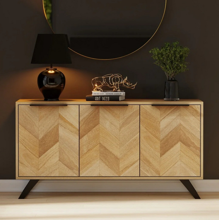 Agra Chevron Parquet Mango Wood Large 3 Door Sideboard - 145cm - Interior Envy