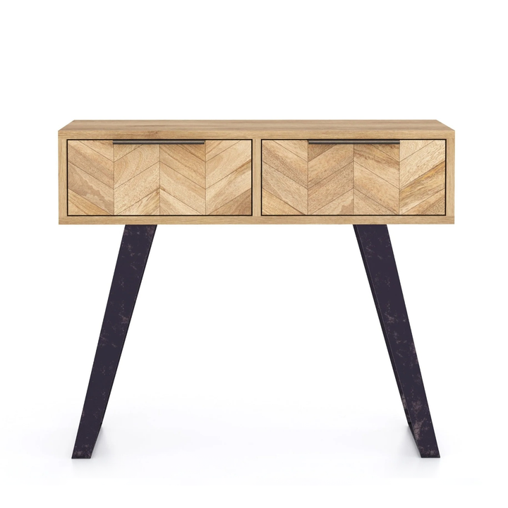Agra Chevron Parquet Mango Wood 2 Drawer Console Table - 90cm - Interior Envy