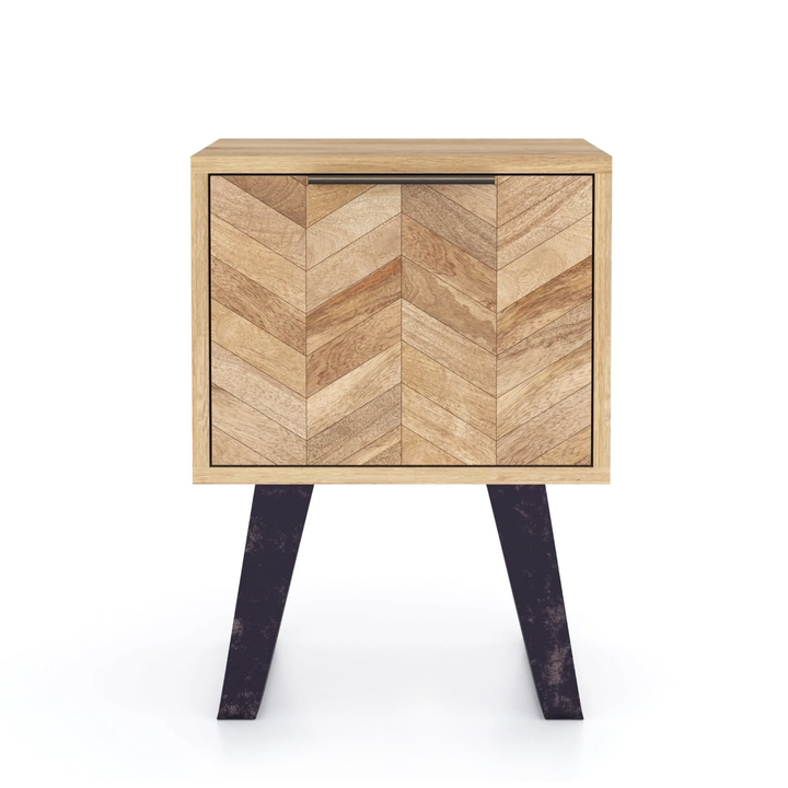 Agra Chevron Parquet Mango Wood 1 Drawer Side Table - Interior Envy