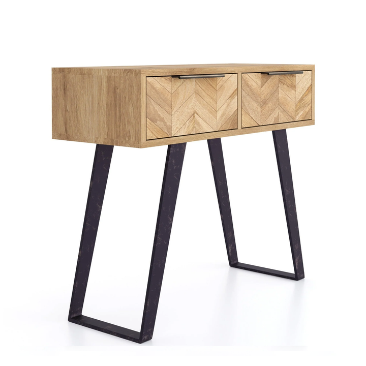 Agra Chevron Parquet Mango Wood 2 Drawer Console Table - 90cm - Interior Envy
