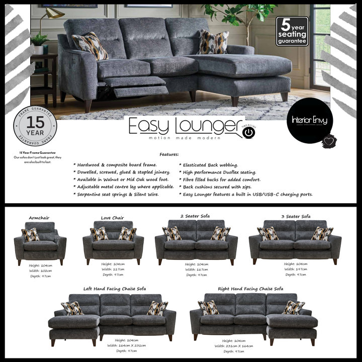 Alice Easy Lounger Chaise Sofa Power Recliner - Intergrated USB/USB-C charging ports