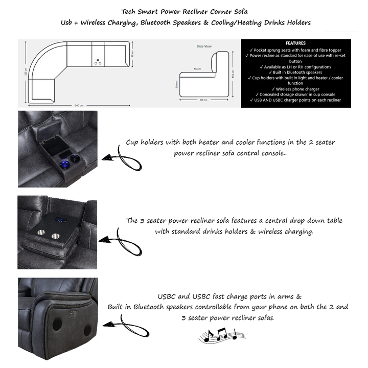Tech Smart Power Recliner Corner Sofa - Usb + Wireless Charging, Bluetooth Speakers & Cooling/Heating Drinks Holders - Interior Envy