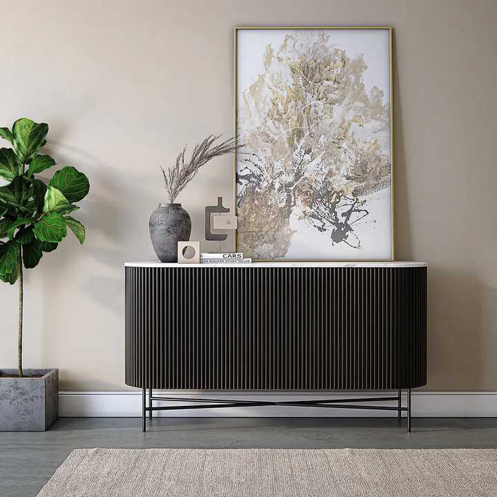 Miles Charcoal Fluted Mango & White Marble Large Curved Sideboard - The Furniture Mega Store