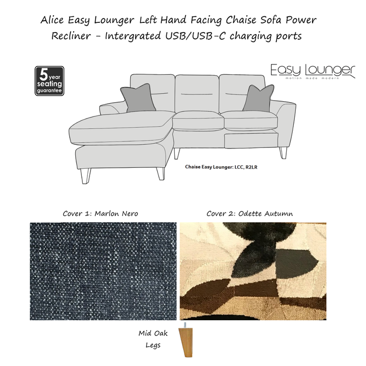 Alice Easy Lounger Chaise Sofa Power Recliner - Intergrated USB/USB-C charging ports