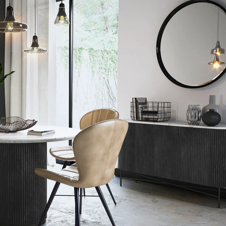 Miles Charcoal Fluted Mango & White Marble Large Curved Sideboard - The Furniture Mega Store