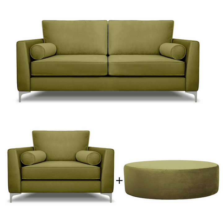 Alena 3 Seater Sofa + Love Chair + Round Footstool Set - Choice Of Colours - The Furniture Mega Store
