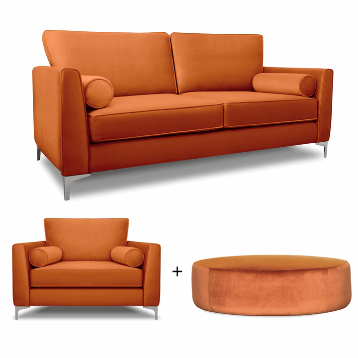 Alena 3 Seater Sofa + Love Chair + Round Footstool Set - Choice Of Colours - The Furniture Mega Store