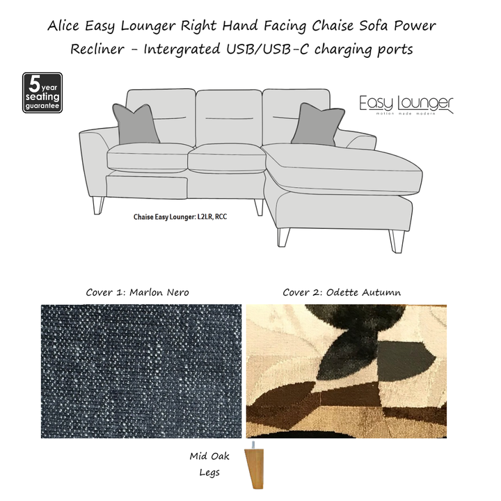 Alice Easy Lounger Chaise Sofa Power Recliner - Intergrated USB/USB-C charging ports