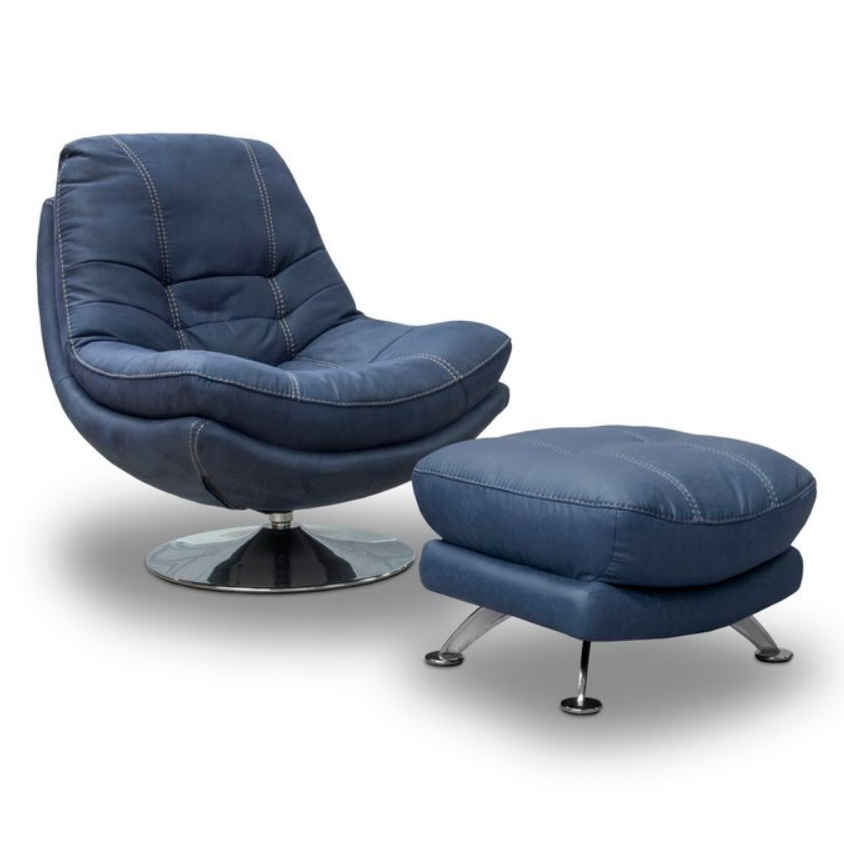 Luxe Fabric Chrome Swivel Chair Matching Footstool Set Denim