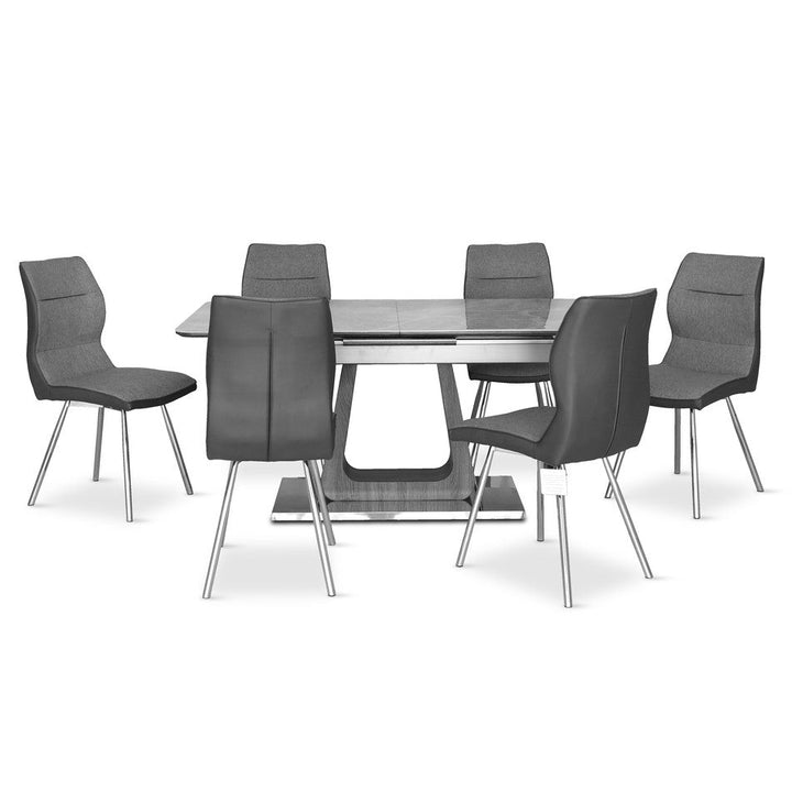 Zeus Grey Ceramic Extendable Dining Table & 6 Dining Chairs Set - The Furniture Mega Store