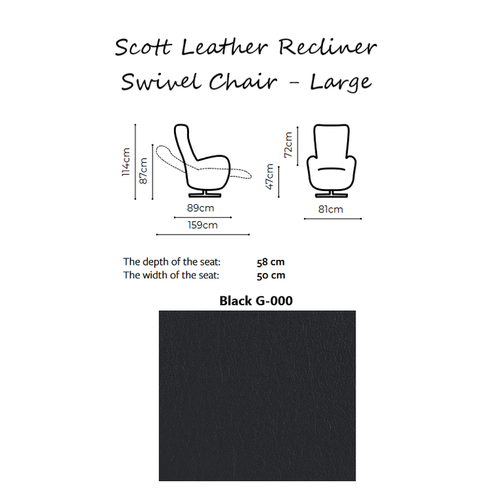 Scott Leather Recliner Swivel Chair - Choice Of Size & Power Or Manual Recliner - The Furniture Mega Store