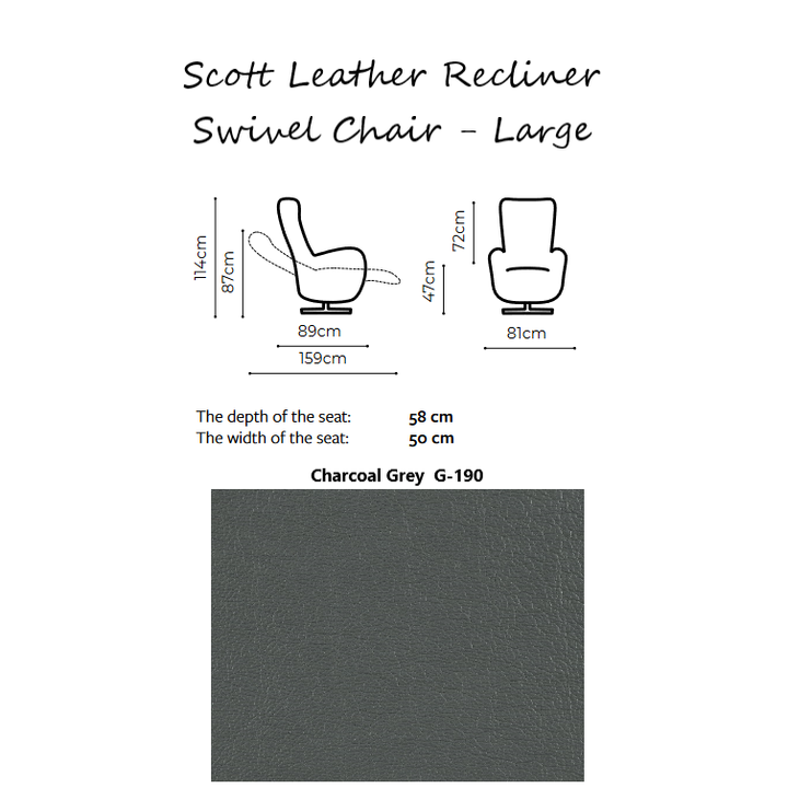 Scott Leather Recliner Swivel Chair - Choice Of Size & Power Or Manual Recliner - The Furniture Mega Store