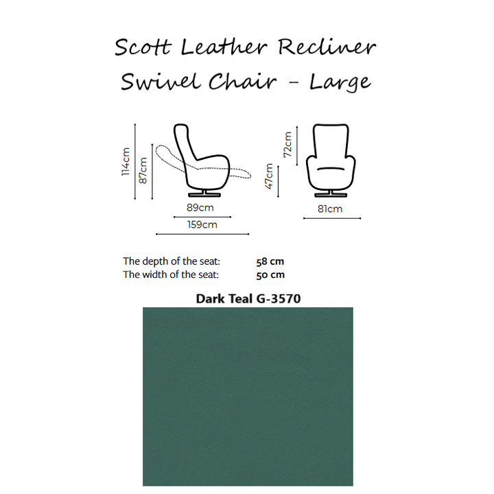 Scott Leather Recliner Swivel Chair - Choice Of Size & Power Or Manual Recliner - The Furniture Mega Store